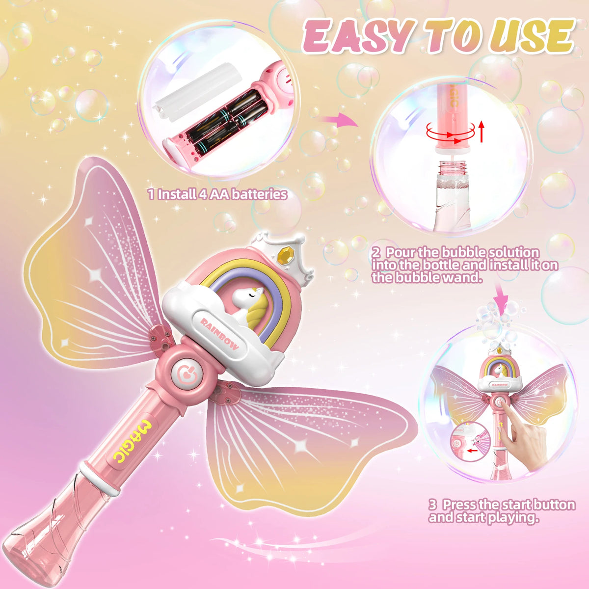Varita Mágica de Burbujas Automática Pony Angel | Luces LED y Música